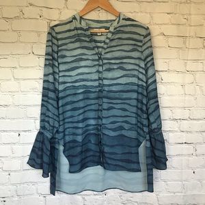 Halston Blue Stripe Button Tunic Bell Sleeve Blouse Size XS
